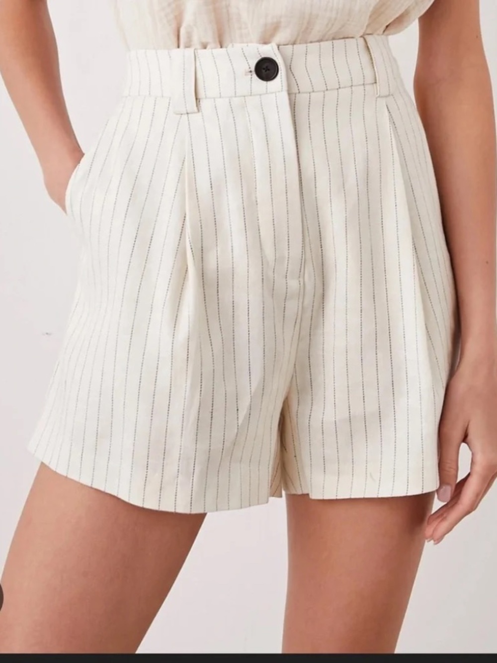 Ilena Ivory Pinstripe High Waisted Euro-Summer Pleated Linen Trouser Shorts (6)